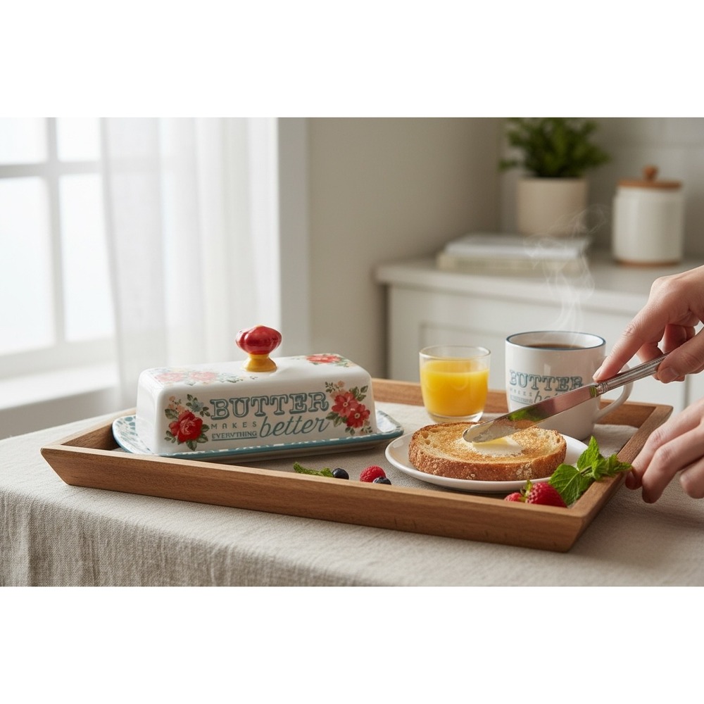 The Pioneer Woman Butter Dish with Lid Floral Rose Red‎ Knob Farmhouse Kitchen